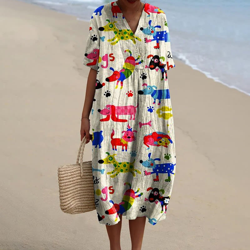 Women's Multiple Colorful Pet Dogs Paradise Art Print Short-sleeved Midi Dress - Beige - 5XL - image 1