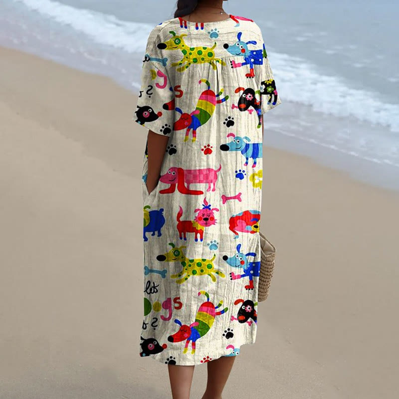 Women's Multiple Colorful Pet Dogs Paradise Art Print Short-sleeved Midi Dress - image 2