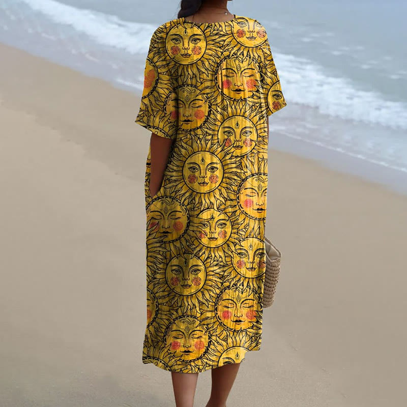 Women's Funny Expression Sun Face Art Print Short-sleeved Midi Dress - image 2