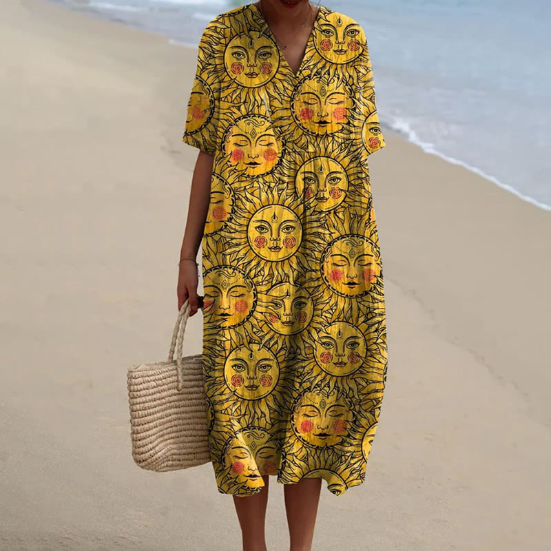 Women's Funny Expression Sun Face Art Print Short-sleeved Midi Dress - Yellow - 5XL - image 1