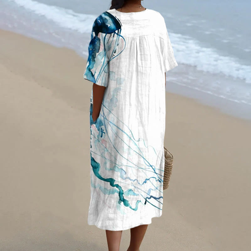 Women's Watercolor Painting Abstract Octopus Tentacles Art Print Short-sleeved Midi Dress - image 2