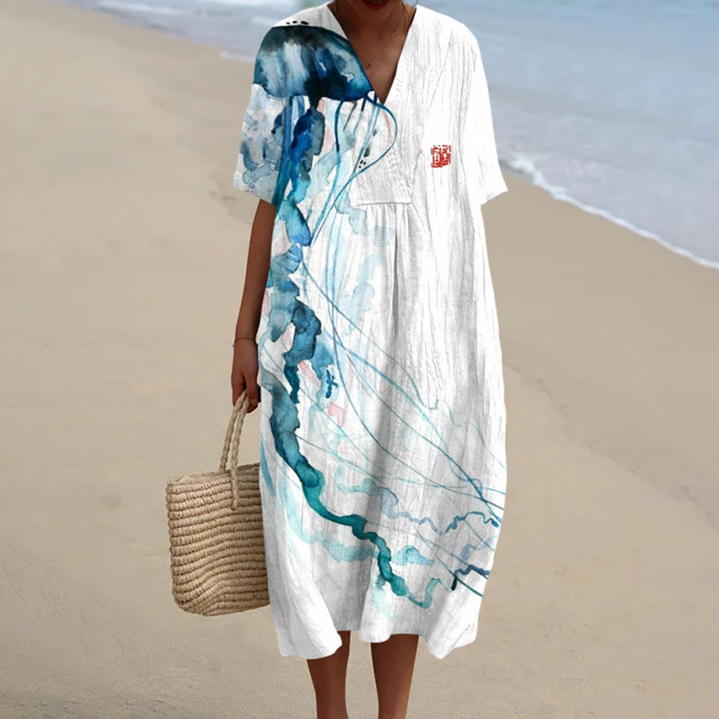 Women's Watercolor Painting Abstract Octopus Tentacles Art Print Short-sleeved Midi Dress - White - 5XL - image 1