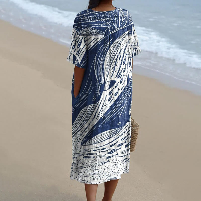 Women's Lovely Abstract Whale Graffiti Art Print Short-sleeved Midi Dress - image 2