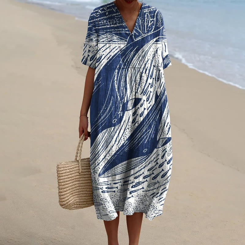 Women's Lovely Abstract Whale Graffiti Art Print Short-sleeved Midi Dress - Blue - 5XL - image 1