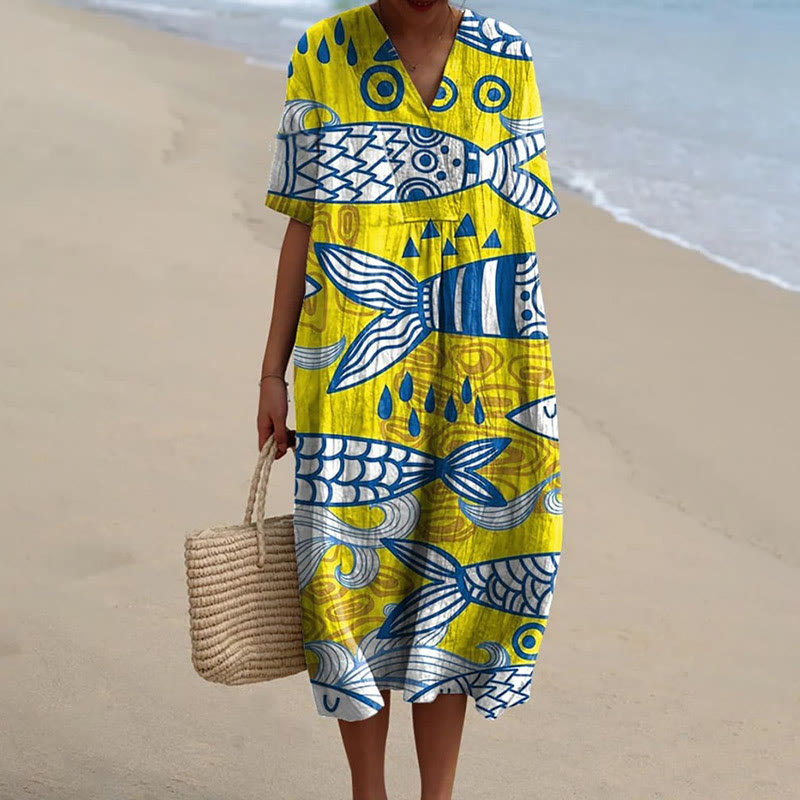 Women's Funny Fish Tails Art Print Short-sleeved Midi Dress - Yellow - 5XL - image 1