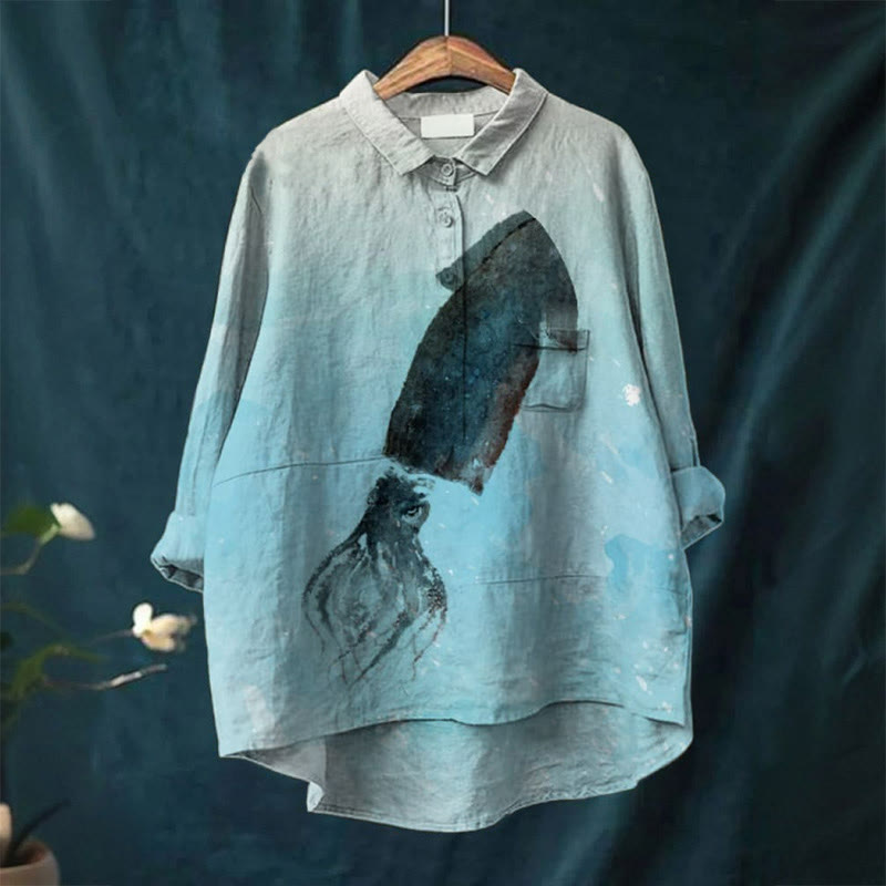 Ombre Squid Watercolor Art Print Japanese Retro Casual Lapel Blouse