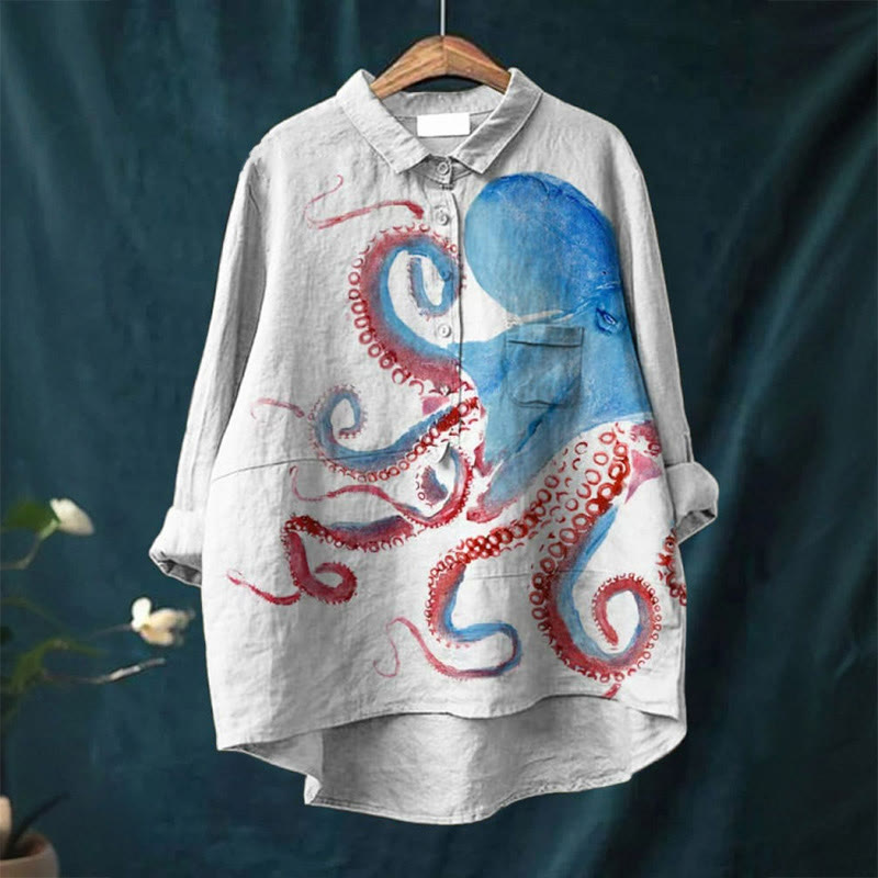 Creative Octopus Watercolor Art Print Japanese Retro Casual Women's Lapel Blouse