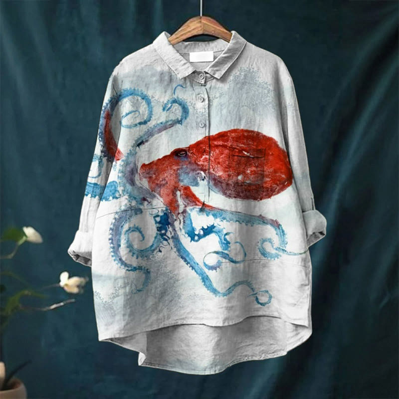 Vintage Japanese Octopus Watercolor Art Print Casual Lapel Blouse