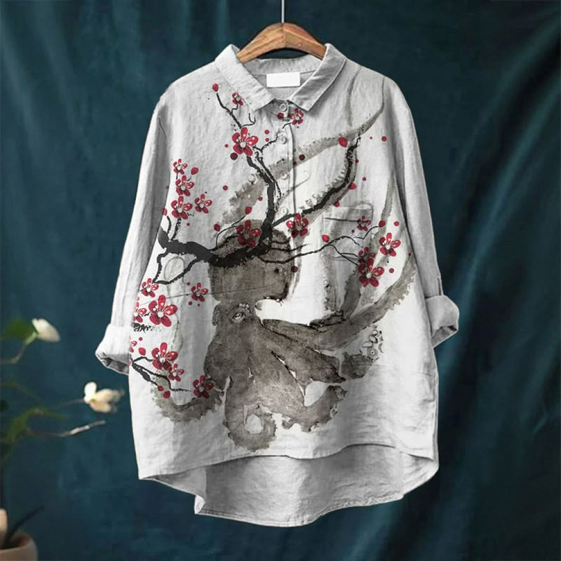 Retro Japanese Octopus Plum Blossom Ink Painting Art Print Casual Lapel Blouse
