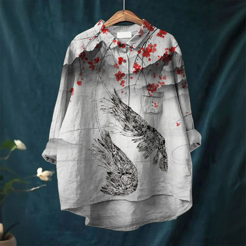 Vintage Japanese Shrimp Pattern Art Print Casual Lapel Blouse