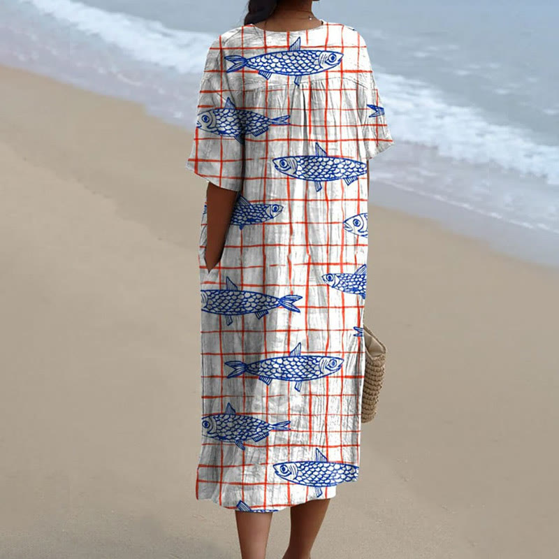 Women's Lovely Swimming Fish Grid Art Print Short-sleeved Midi Dress - image 2