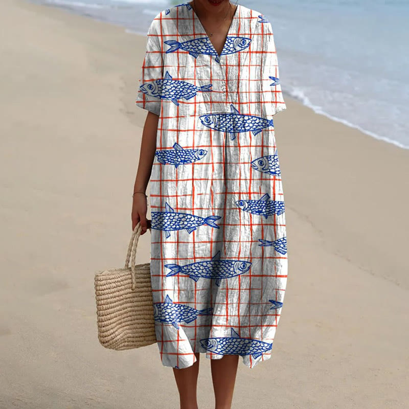 Women's Lovely Swimming Fish Grid Art Print Short-sleeved Midi Dress - Khaki - 5XL - image 1