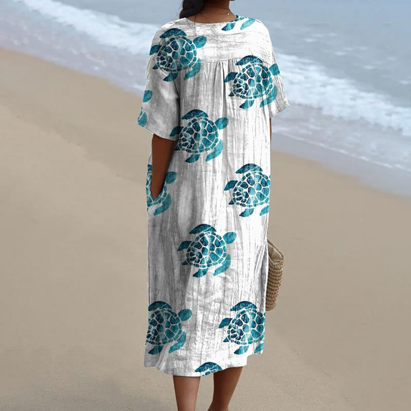 Women's Cute Sea Turtle Art Print Short-sleeved Midi Dress - image 2