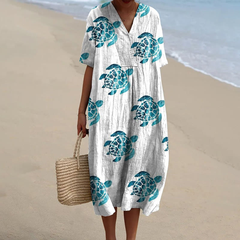 Women's Cute Sea Turtle Art Print Short-sleeved Midi Dress - White - 5XL - image 1