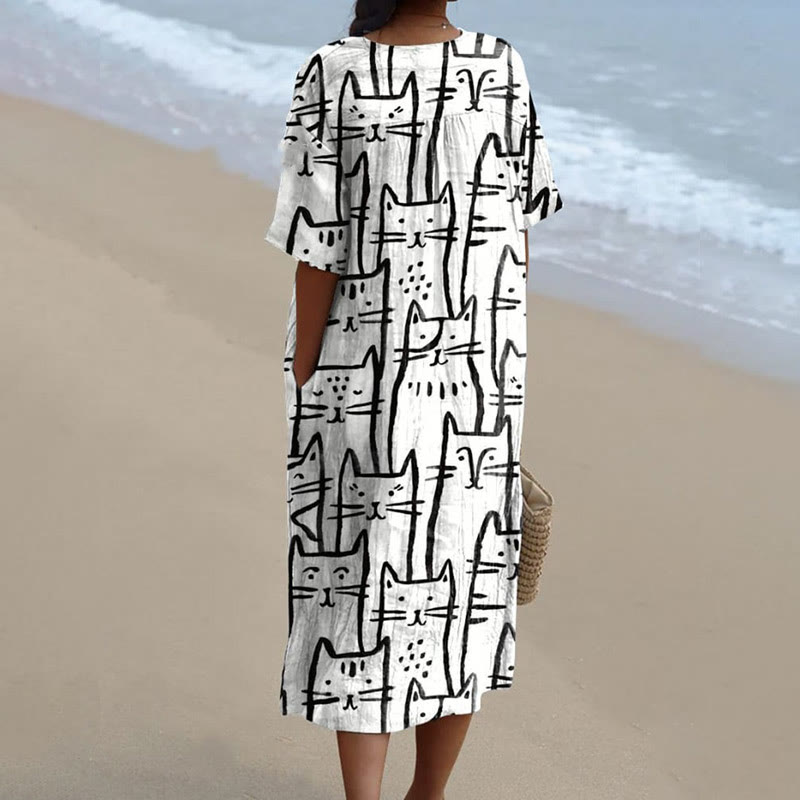 Women's Ink Watercolor Painting Silly Cats Art Print Short-sleeved Midi Dress - image 2