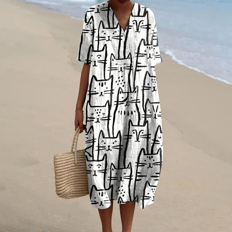 Women's Ink Watercolor Painting Silly Cats Art Print Short-sleeved Midi Dress - White - 5XL - image 1