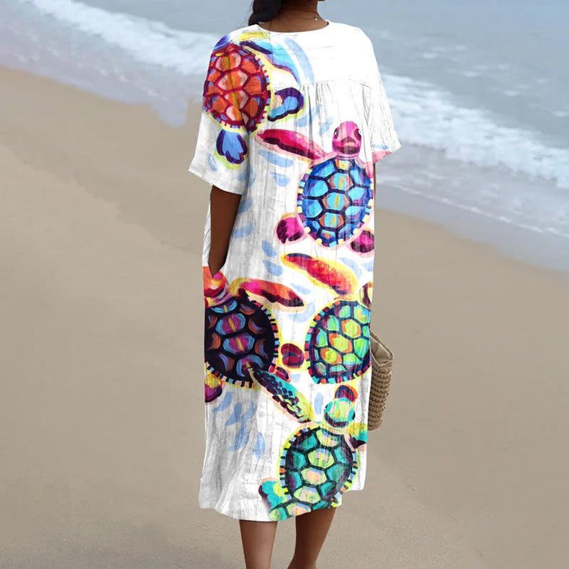 Women's Fantasy Colorful Sea Turtle Art Print Short-sleeved Midi Dress - image 2