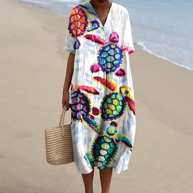 Women's Fantasy Colorful Sea Turtle Art Print Short-sleeved Midi Dress - White - 5XL - image 1