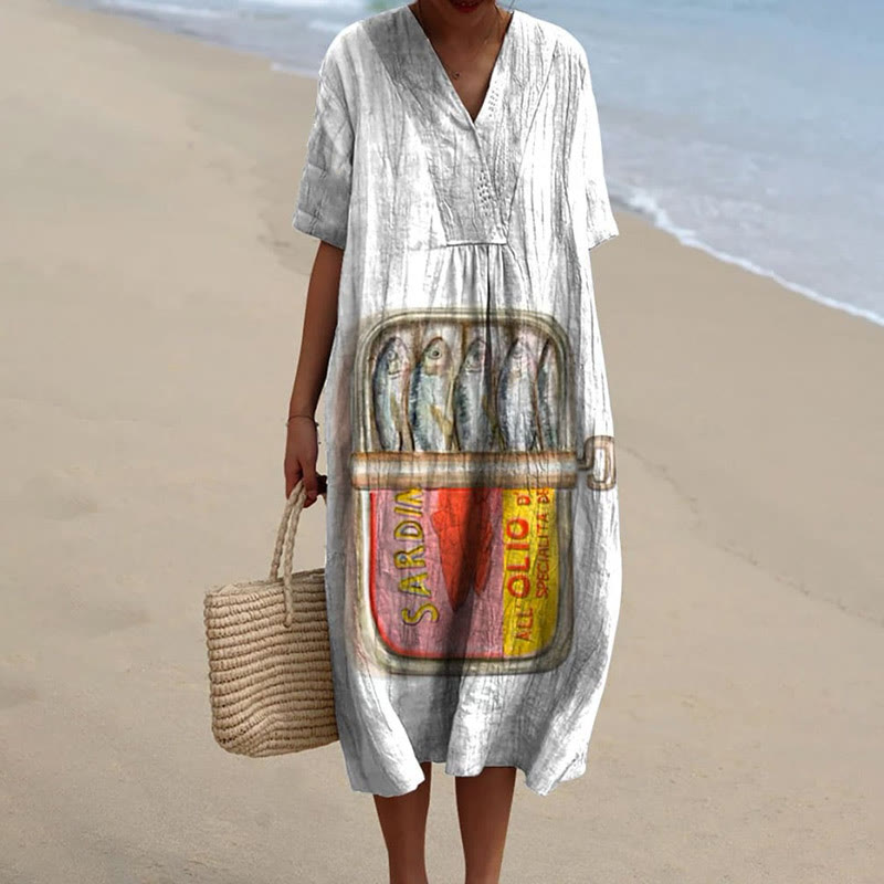 Women's Creative Canned Sardines Art Print Short-sleeved Midi Dress - White - 5XL - image 1
