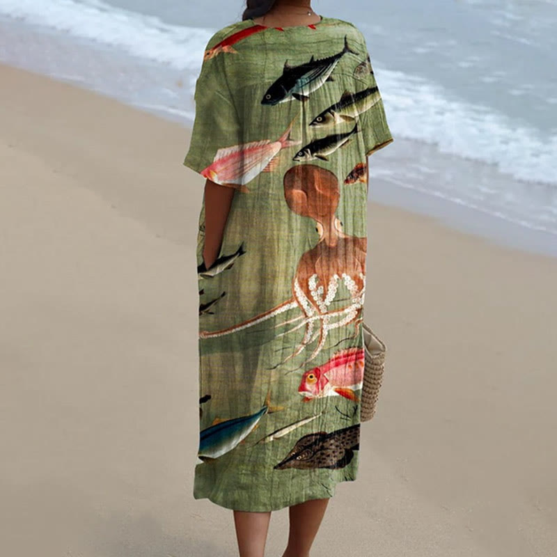 Women's Lonely Octopus With Fish School Art Print Short-sleeved Midi Dress - image 2