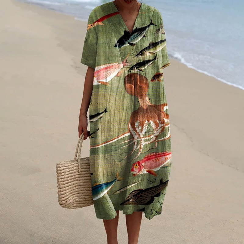 Women's Lonely Octopus With Fish School Art Print Short-sleeved Midi Dress - Green - 5XL - image 1