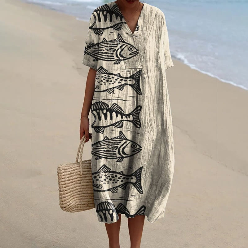 Print Short-sleeved Midi Dress - Khaki - 5XL - image 1