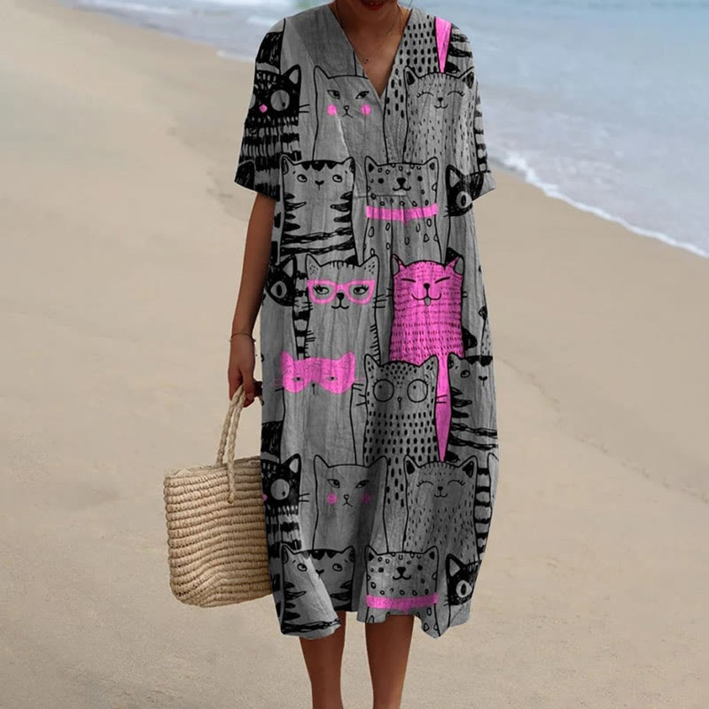 Women's Funny Stacked Spotted Cat Art Print Short-sleeved Midi Dress - Grey - 5XL - image 1