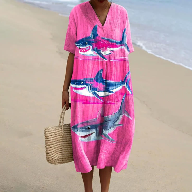Women's Summer Creative Sharks Print Short-sleeved Midi Dress - Pink - 5XL - image 1