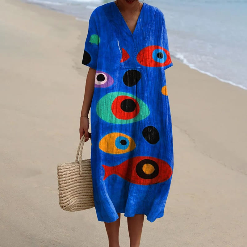 Women's Abstract Big Eye Fish Graffiti Art Print Short-sleeved Midi Dress - Dark Blue - 5XL - image 1