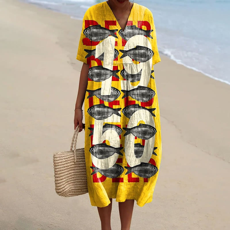 Women's Oil Painting 1950 Lovely Little Fish Art Print Short-sleeved Midi Dress - Yellow - 5XL - image 1