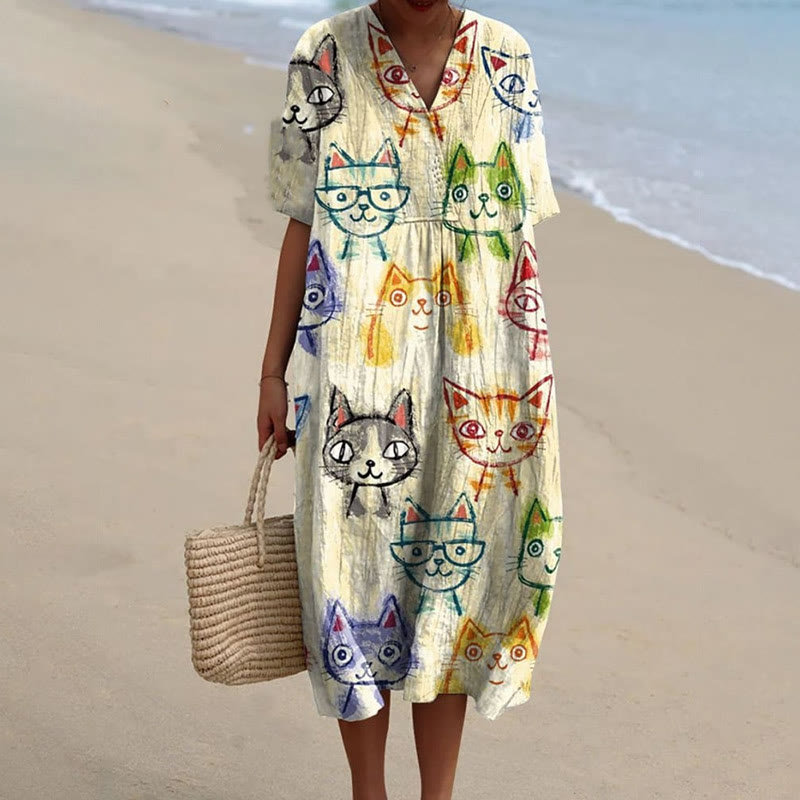 Women's Watercolor Cute Kitten Cartoon Art  Print Short-sleeved Midi Dress - Beige - 5XL - image 1