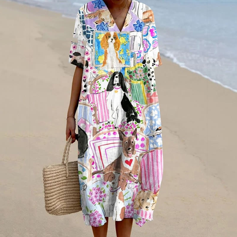 Women's Oil Painting Colorful Pet Dogs Art Print Short-sleeved Midi Dress - Multicolor - 5XL - image 1