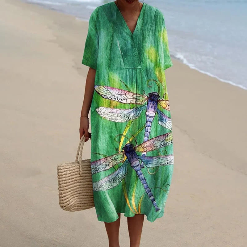 Women's Creative Big Dragonfly Art Print Short-sleeved Midi Dress - Green - 5XL - image 1