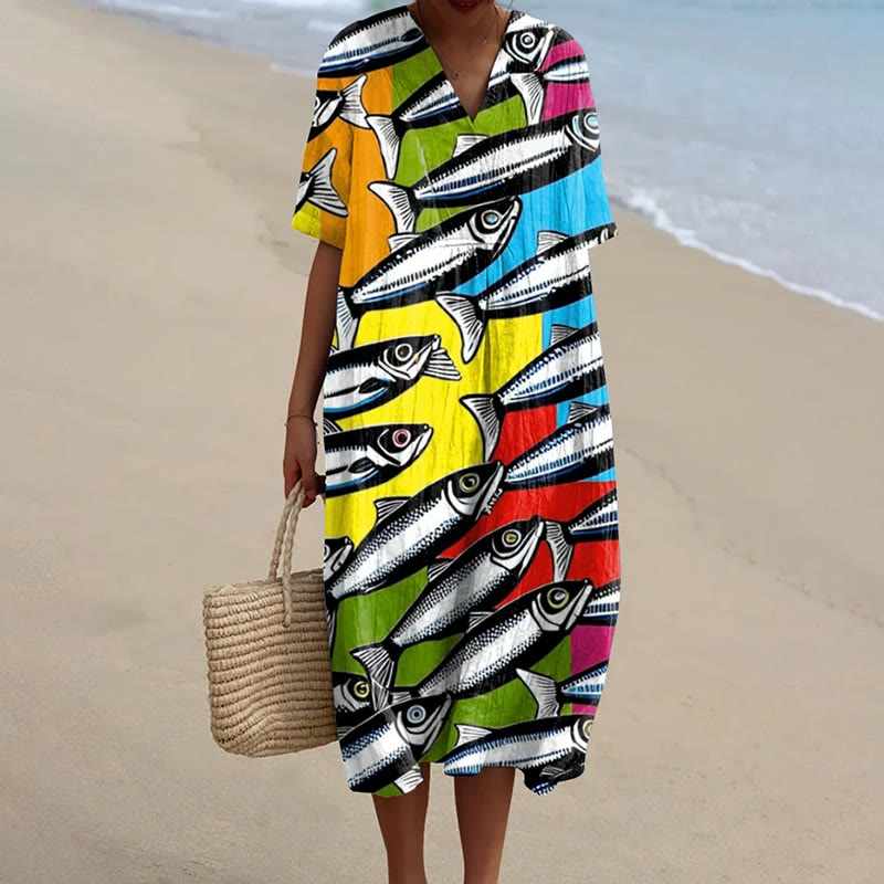Women's Vivid Sardines Colorful Background Art Print Short-sleeved Midi Dress - Multicolor - 5XL - image 1