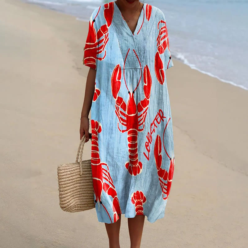 Women's Creative Big Red Lobster Art Print Short-sleeved Midi Dress - Light Blue - 5XL - image 1