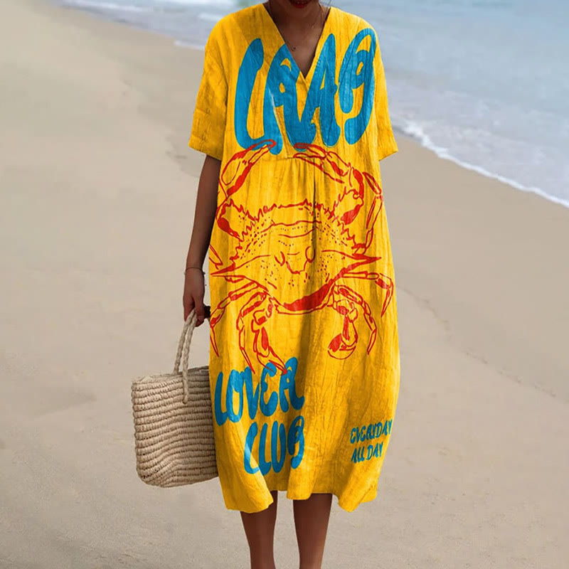Women's Crab Lover Club Everyday All Day Art Print Short-sleeved Midi Dress - Yellow - 5XL - image 1