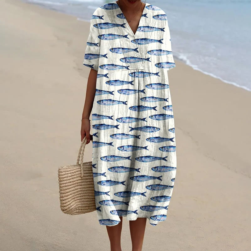 Women's Countless Swimming Blue Fish Art Print Short-sleeved Midi Dress - White - 5XL - image 1
