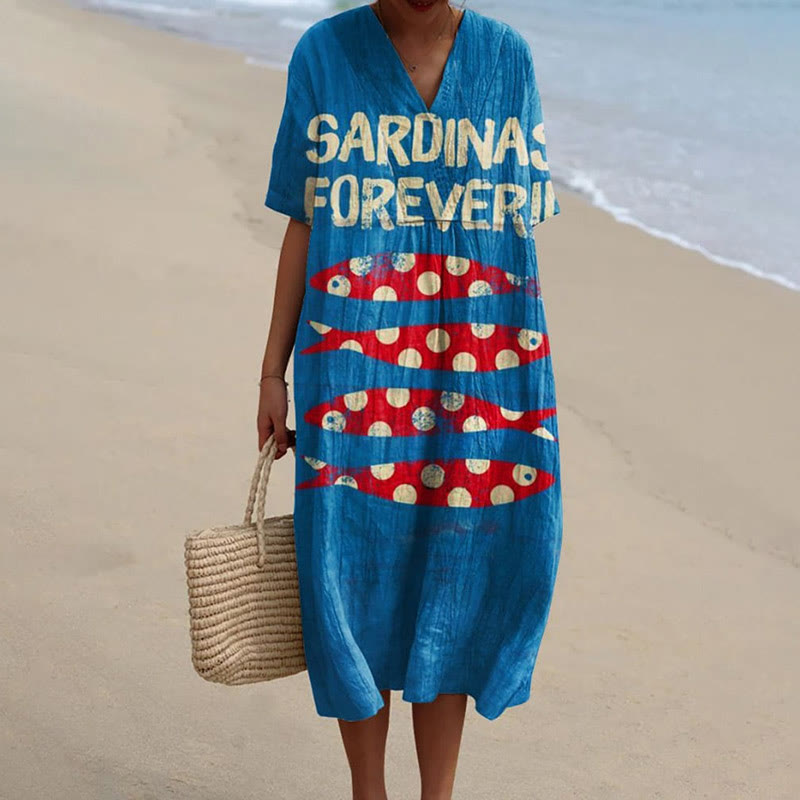 Women's Red Dots Sardinas Forever Art Print Short-sleeved Midi Dress - Blue - 5XL - image 1