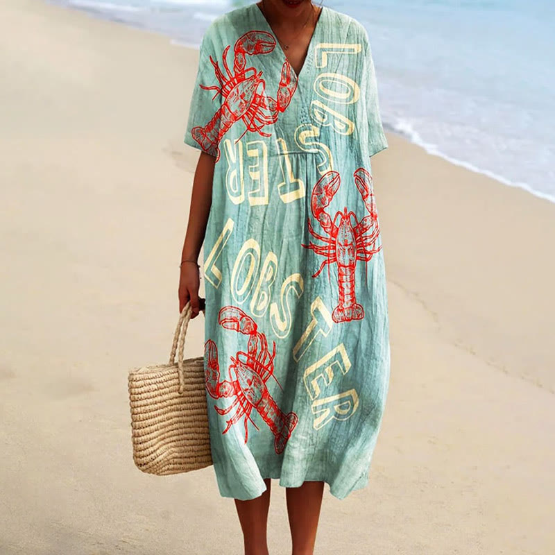 Women's Summer Simple Lobster Pattern Art Print Short-sleeved Midi Dress - Light Green - 5XL - image 1