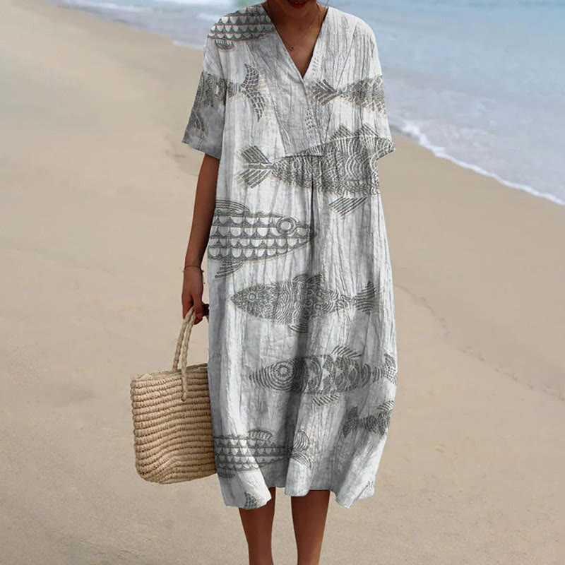 Women's Lovely Abstract Swimming Fish Graffiti Art Print Short-sleeved Midi Dress - Warm Grey - 5XL - image 2