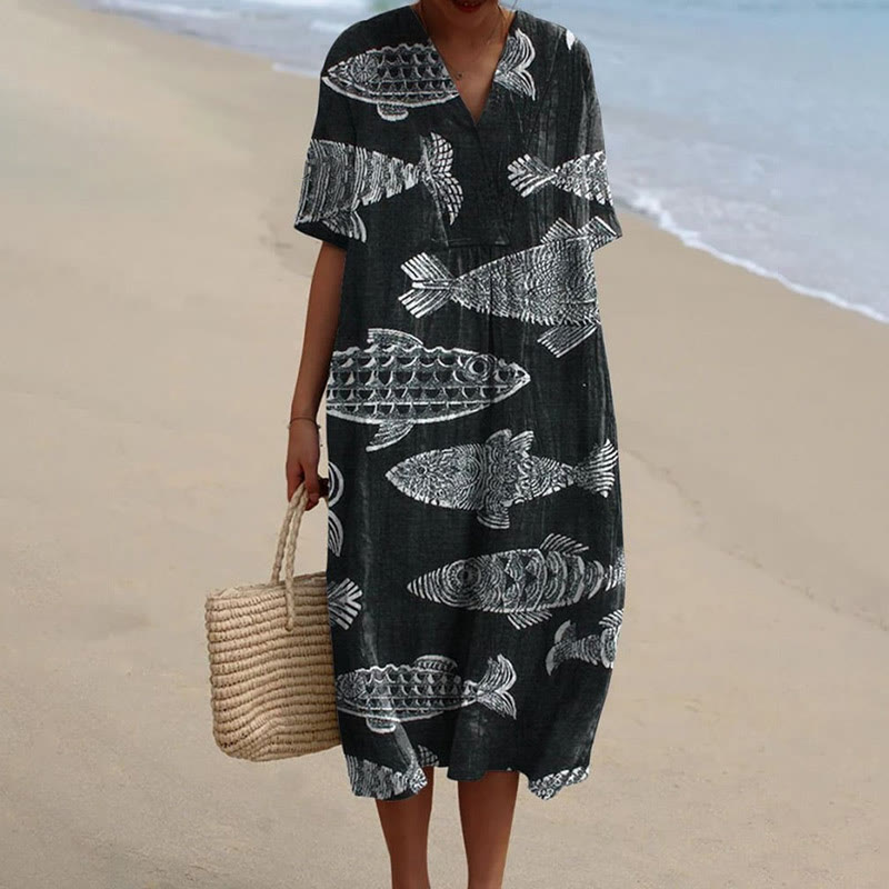 Women's Lovely Abstract Swimming Fish Graffiti Art Print Short-sleeved Midi Dress - Black - 5XL - image 3