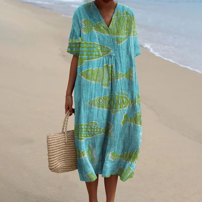 Women's Lovely Abstract Swimming Fish Graffiti Art Print Short-sleeved Midi Dress - Green - 5XL - image 1