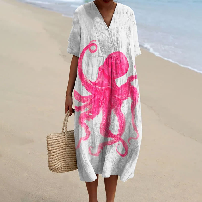 Women's Oil Painting Dancing Pink Octopus Art Print Short-sleeved Midi Dress - White - 5XL - image 1