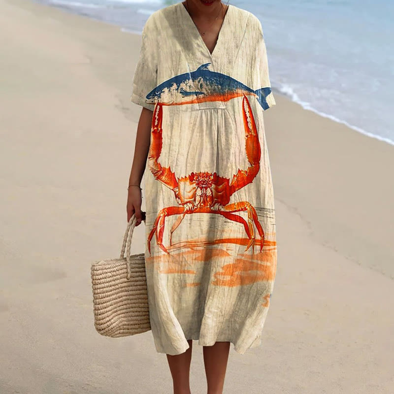 Women's Creative Crab Holding Fish Art Print Short-sleeved Midi Dress - Khaki - 5XL - image 1