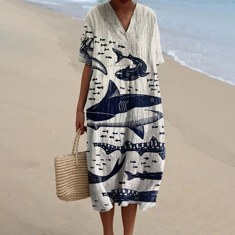 Women's Various Ocean Fish Art Print Short-sleeved Midi Dress - Khaki - 5XL - image 1