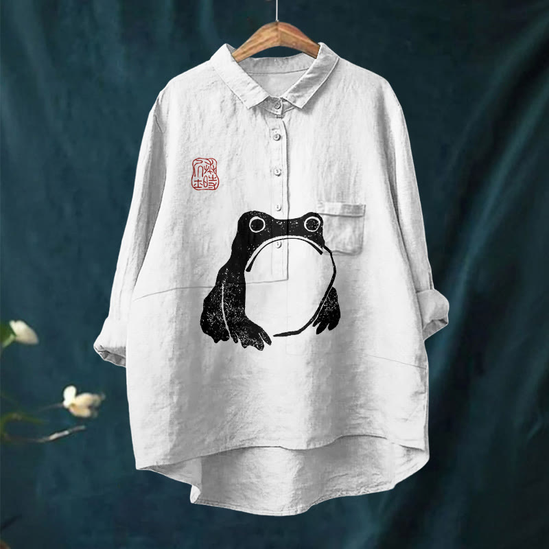 Frog Ancient Japanese Art Print Casual Lapel Blouse