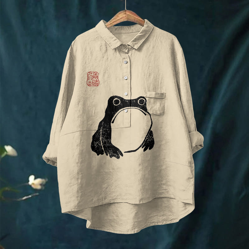 Frog Ancient Japanese Art Print Casual Lapel Blouse