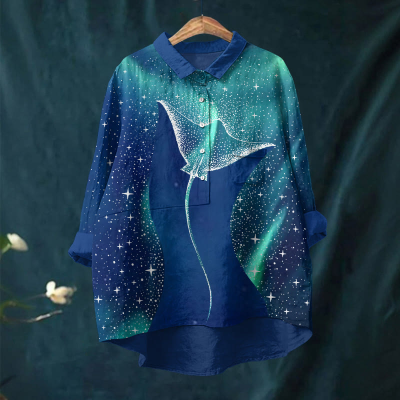 Starry Ray In The Aurora Print Casual Lapel Blouse