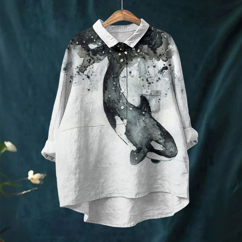 Watercolor Killer Whale Print Casual Lapel Blouse