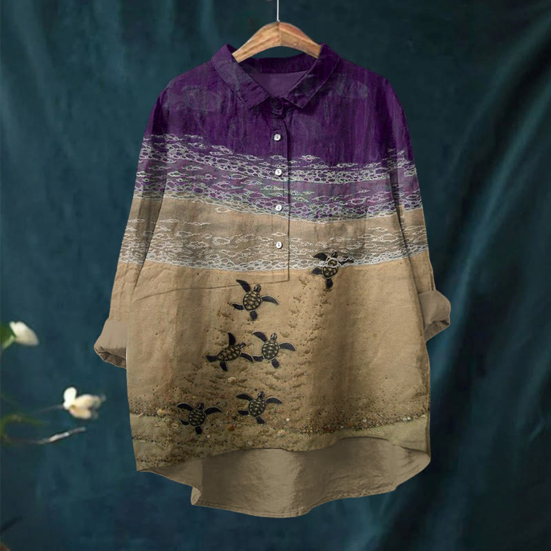 Baby Sea Turtles Beach Fiber Art Print Casual Lapel Blouse
